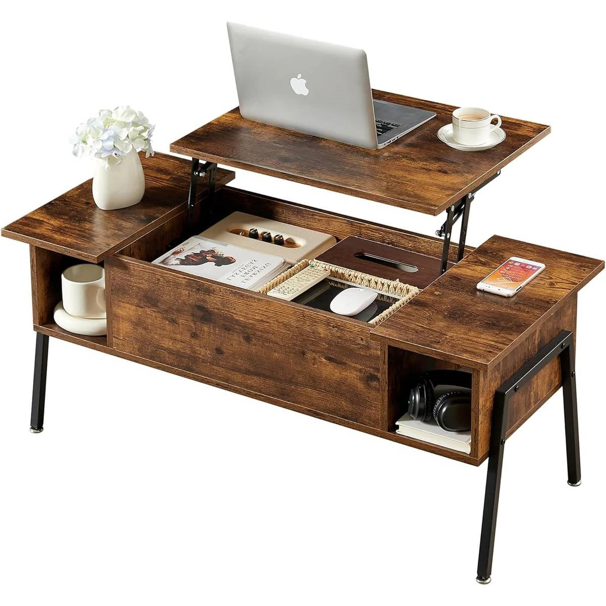 Modern Lift-Top Coffee Table Laptop Desk with Storage Shelf in Brown Wood Finish