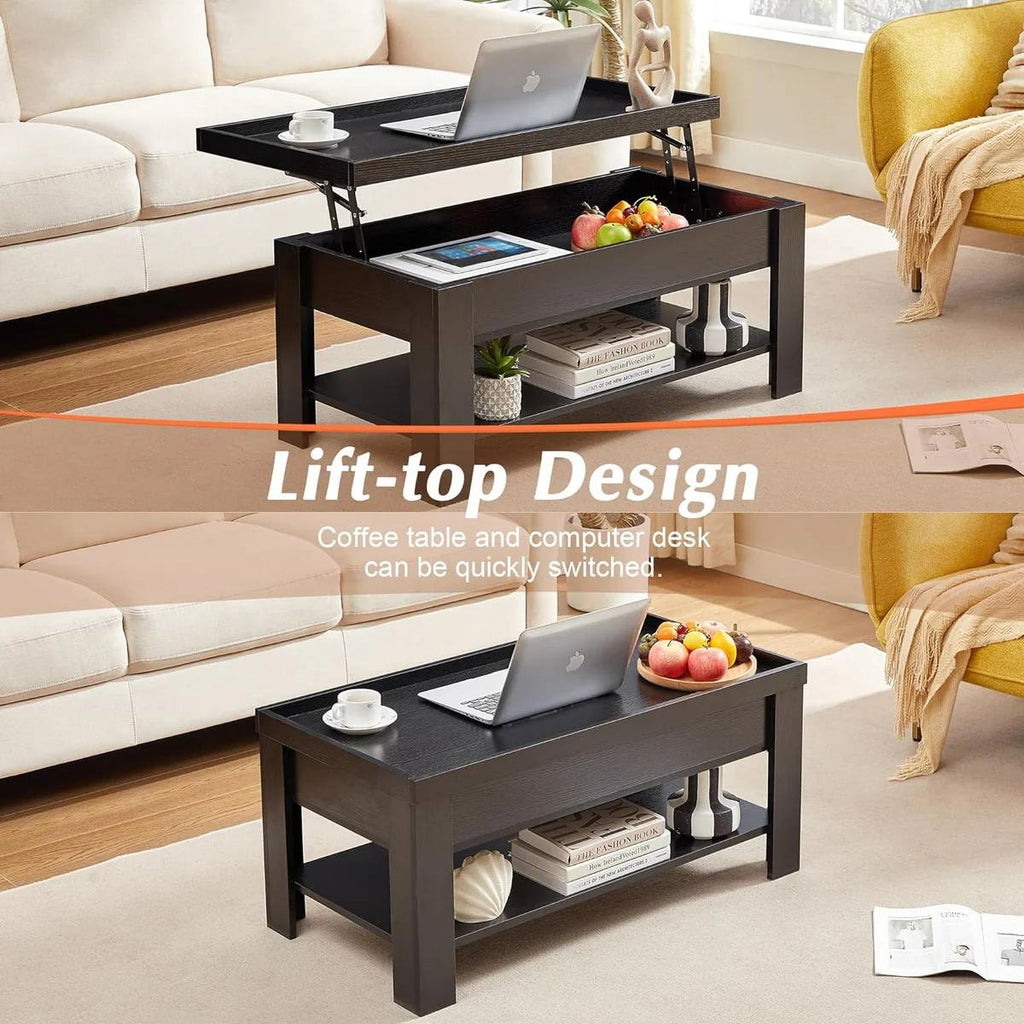 Modern Lift Top Coffee Table Laptop Tray with Storage Shelf in Black Wood Finish