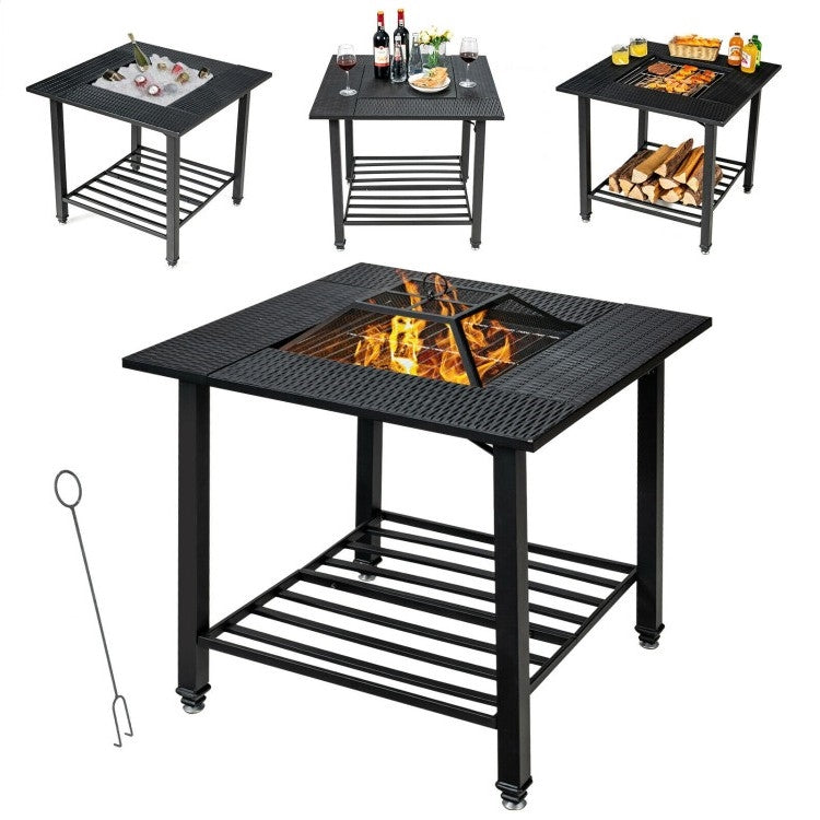 4 in 1 Square Fire Pit, Grill Cooking BBQ Grate, Ice Bucket, Dining Table *