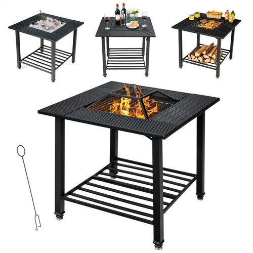 4 in 1 Square Fire Pit, Grill Cooking BBQ Grate, Ice Bucket, Dining Table *