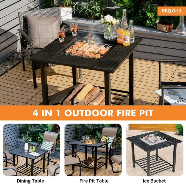 4 in 1 Square Fire Pit, Grill Cooking BBQ Grate, Ice Bucket, Dining Table