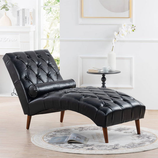 Faux Leather Upholstered Armless Chaise Lounge Chair with Lumbar Pillow in Brown or Black