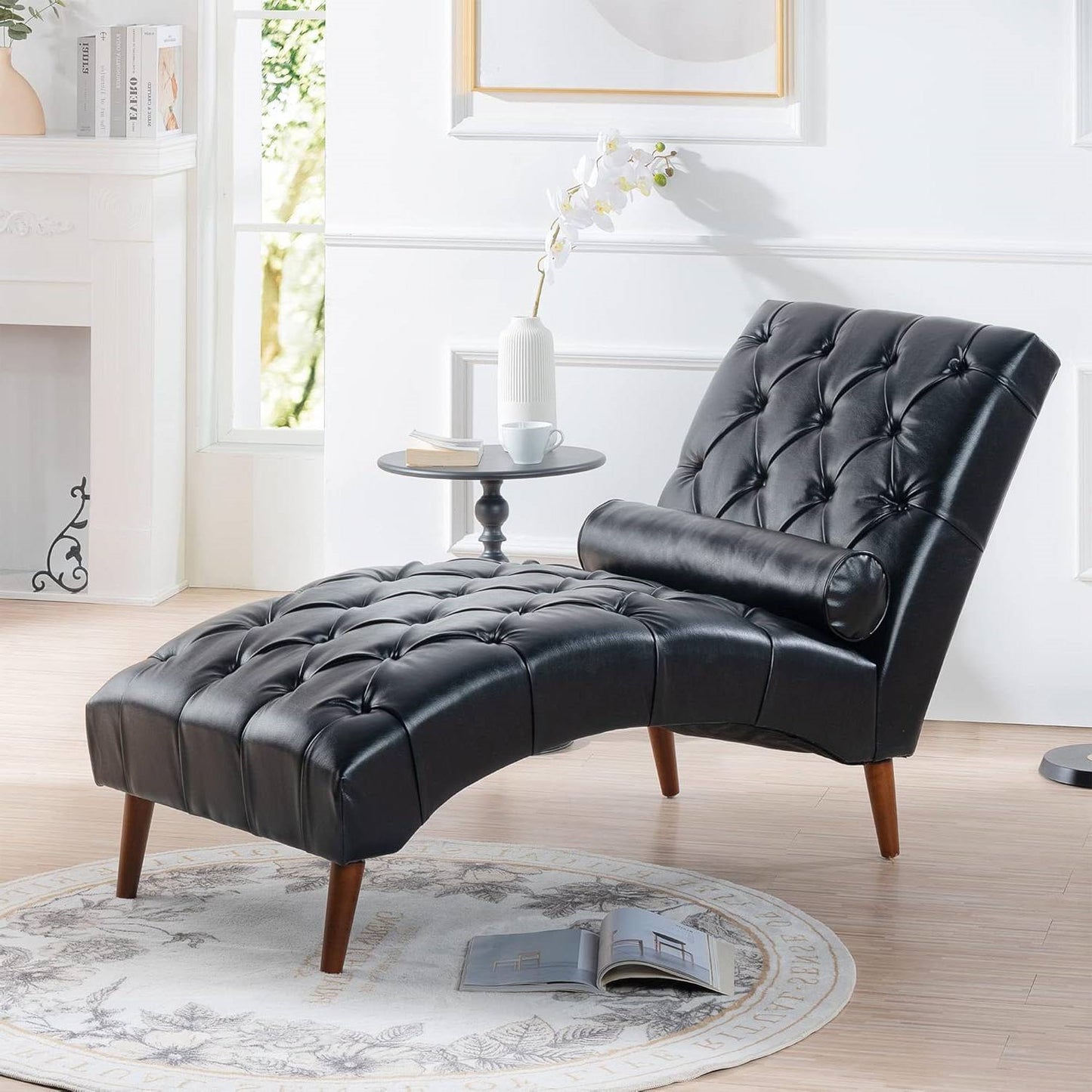 Faux Leather Upholstered Armless Chaise Lounge Chair with Lumbar Pillow in Brown or Black