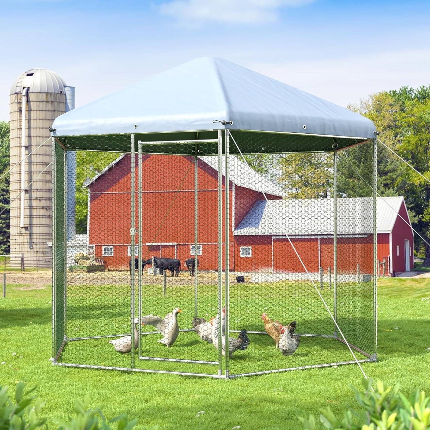 Hexagonal 9.2 Ft Outdoor Backyard Walk-in Metal Chicken Coop w/ Waterproof Cover