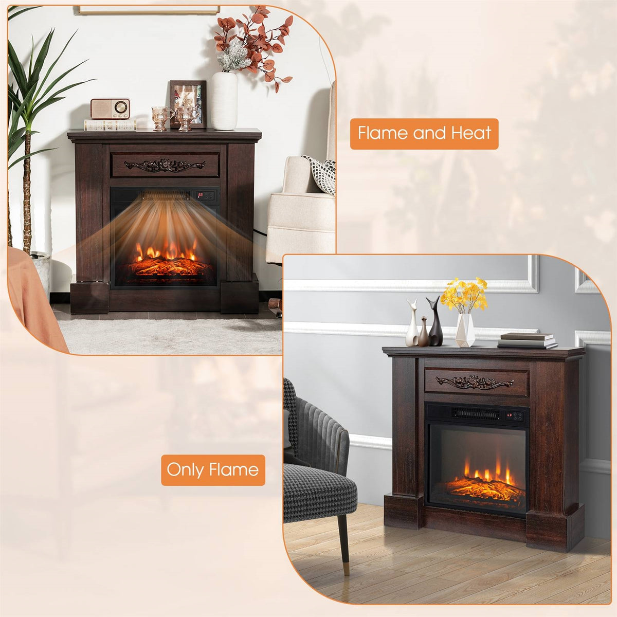 Brown Wood Electric Fireplace TV Stand Mantel with Remote – 1400W Space Heater