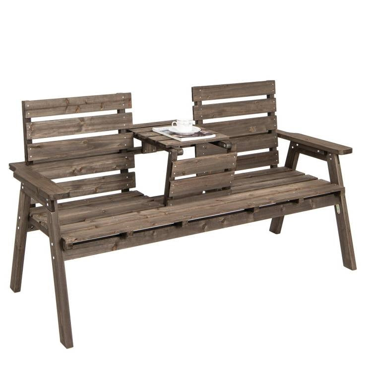 Farmhouse Outdoor Fir Wood Patio Garden Bench with Folding Center Table *