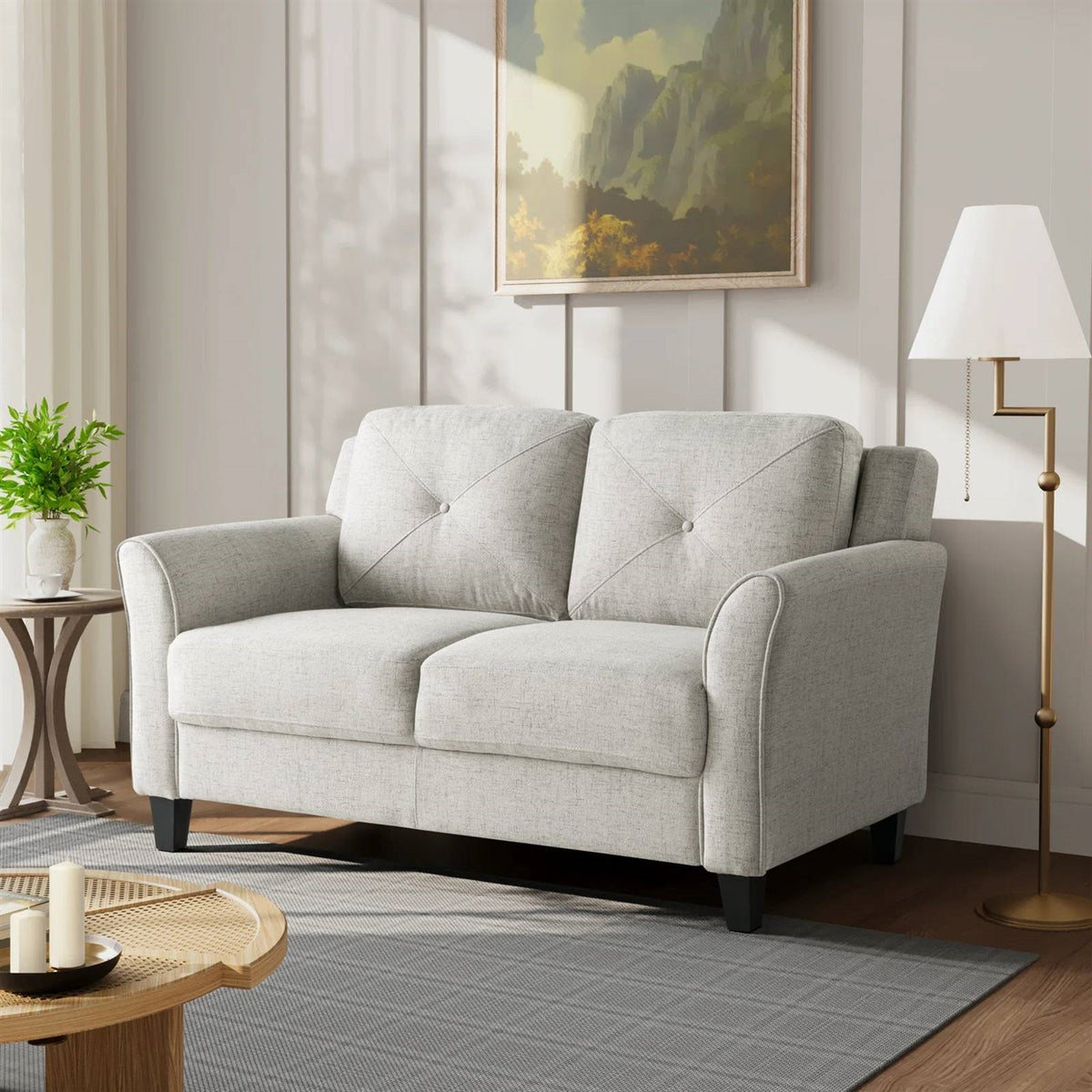 Modern Upholstered Loveseat Sofa in Cream Microfiber with Button Tufted Cushions