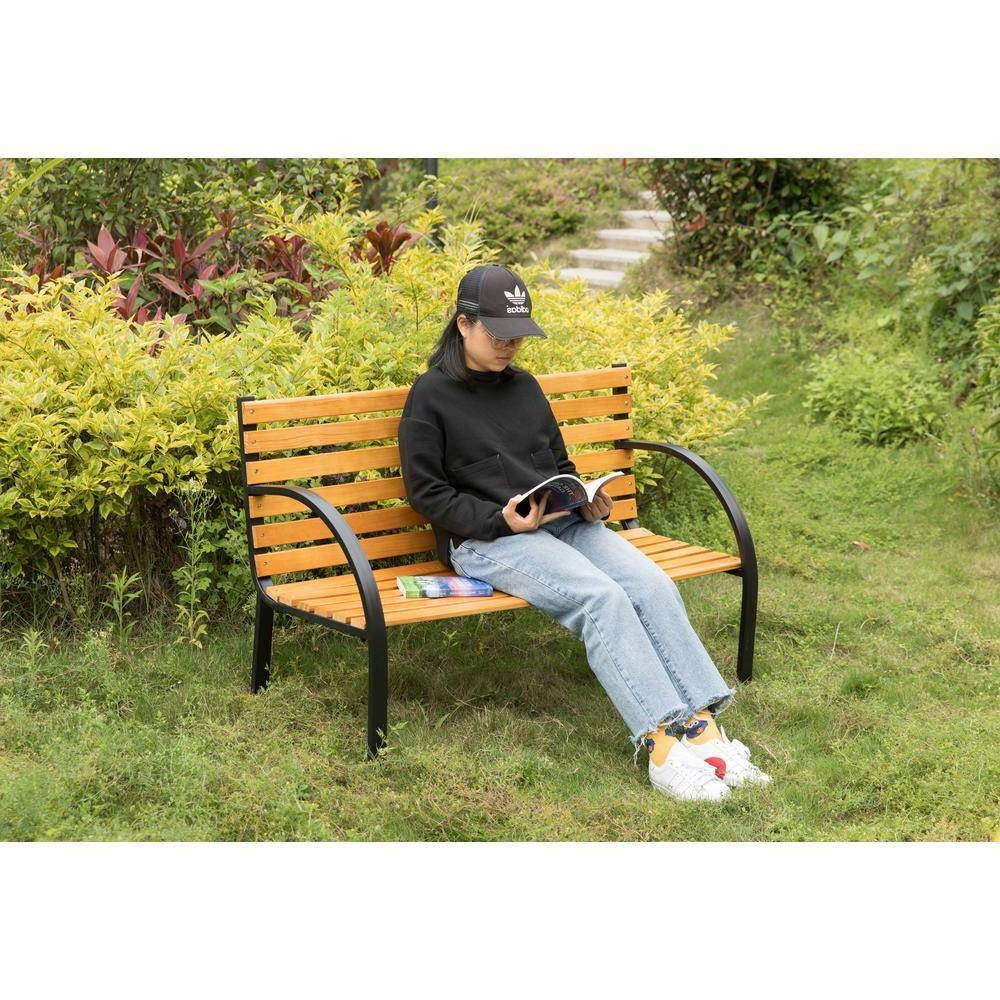 Outdoor Black Metal Frame Garden Bench with Wood Slats and Curved Armrests *