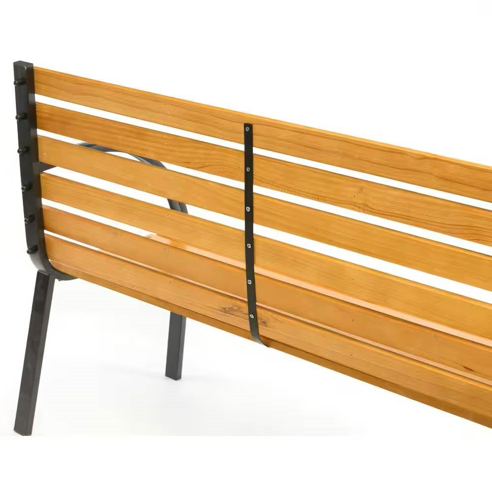 Outdoor Black Metal Frame Garden Bench with Wood Slats and Curved Armrests *