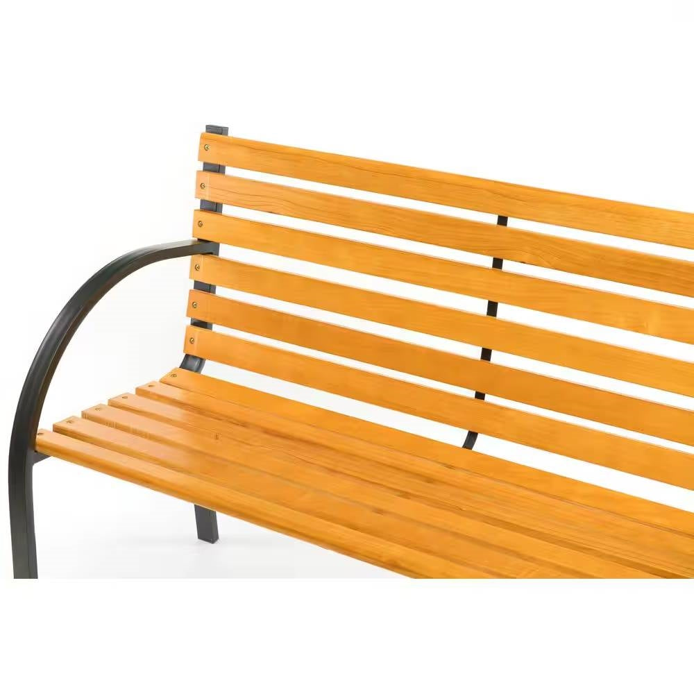 Outdoor Black Metal Frame Garden Bench with Wood Slats and Curved Armrests *