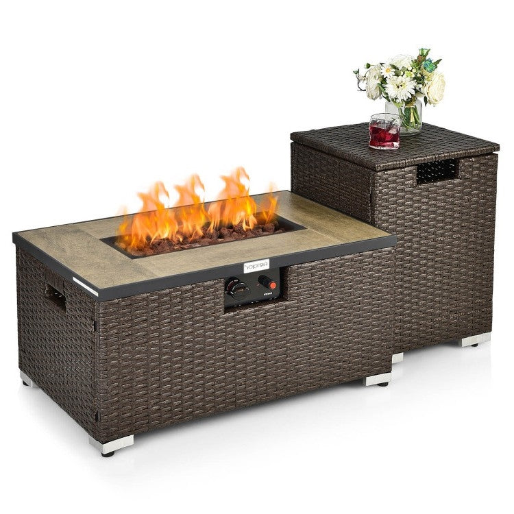 Outdoor Propane Fire Pit with Side Table Tank Holder in Brown PE Rattan *