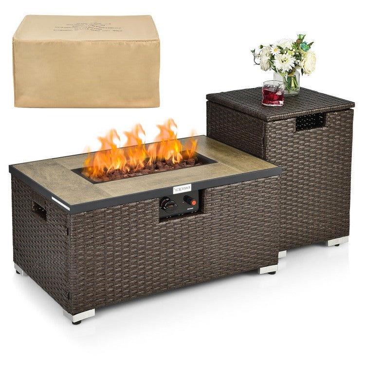 Outdoor Propane Fire Pit with Side Table Tank Holder in Brown PE Rattan *