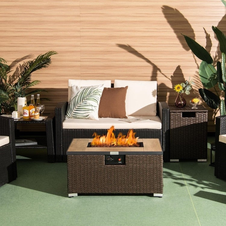 Outdoor Propane Fire Pit with Side Table Tank Holder in Brown PE Rattan *