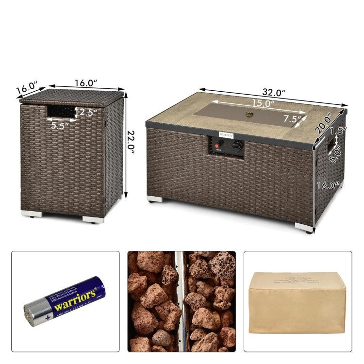 Outdoor Propane Fire Pit with Side Table Tank Holder in Brown PE Rattan *