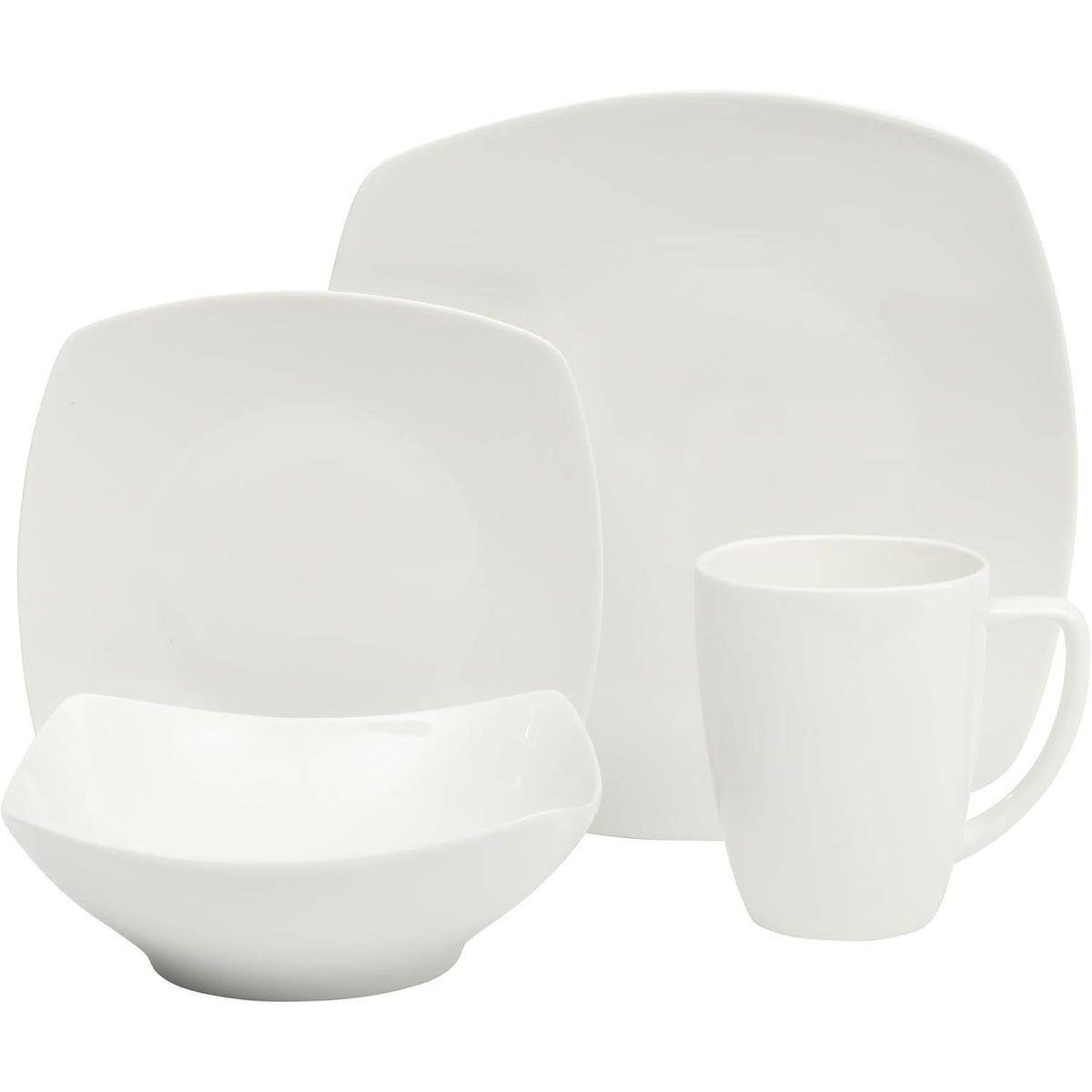 16 Pieces - White Square Porcelain Dinnerware Set - Service for 4