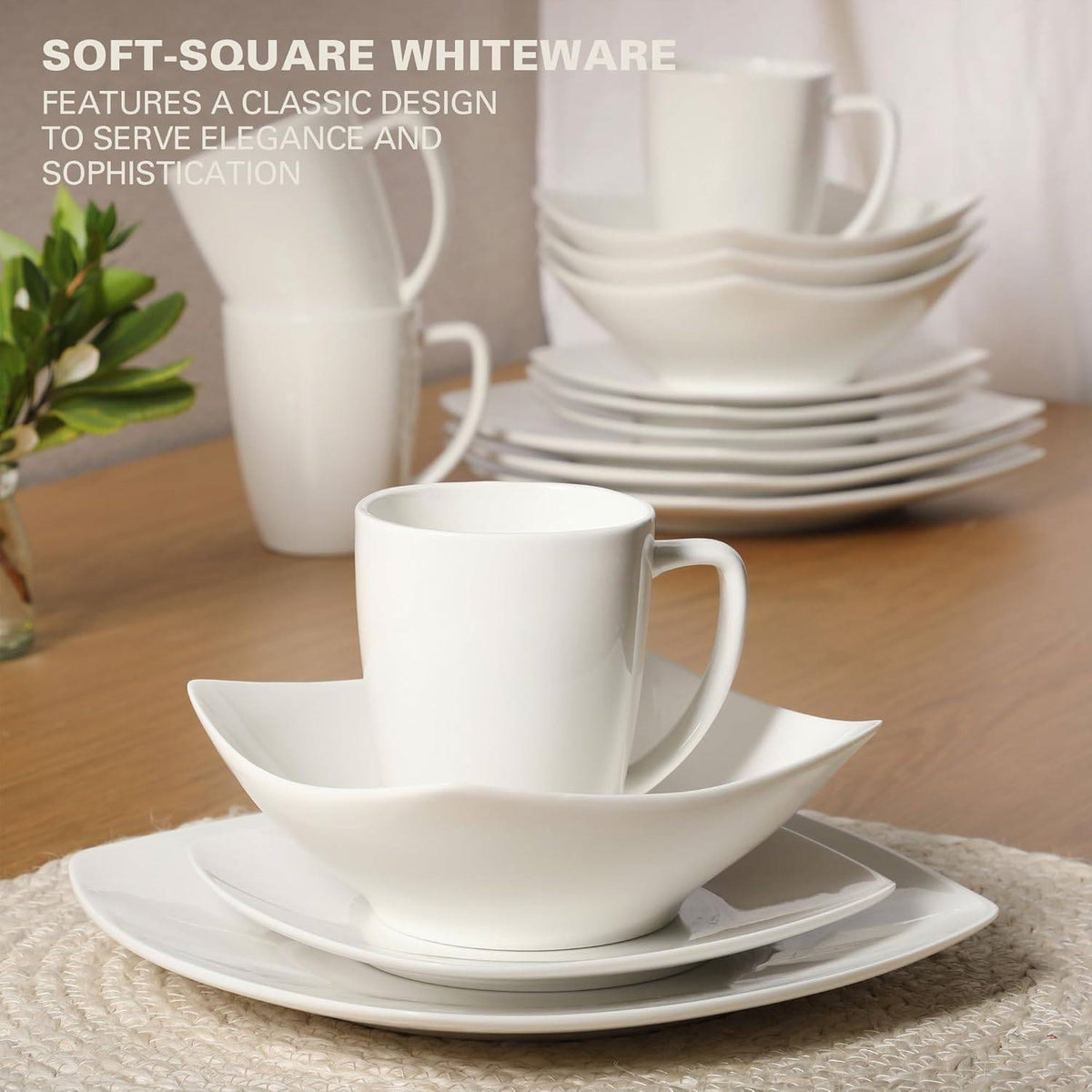 16 Pieces - White Square Porcelain Dinnerware Set - Service for 4