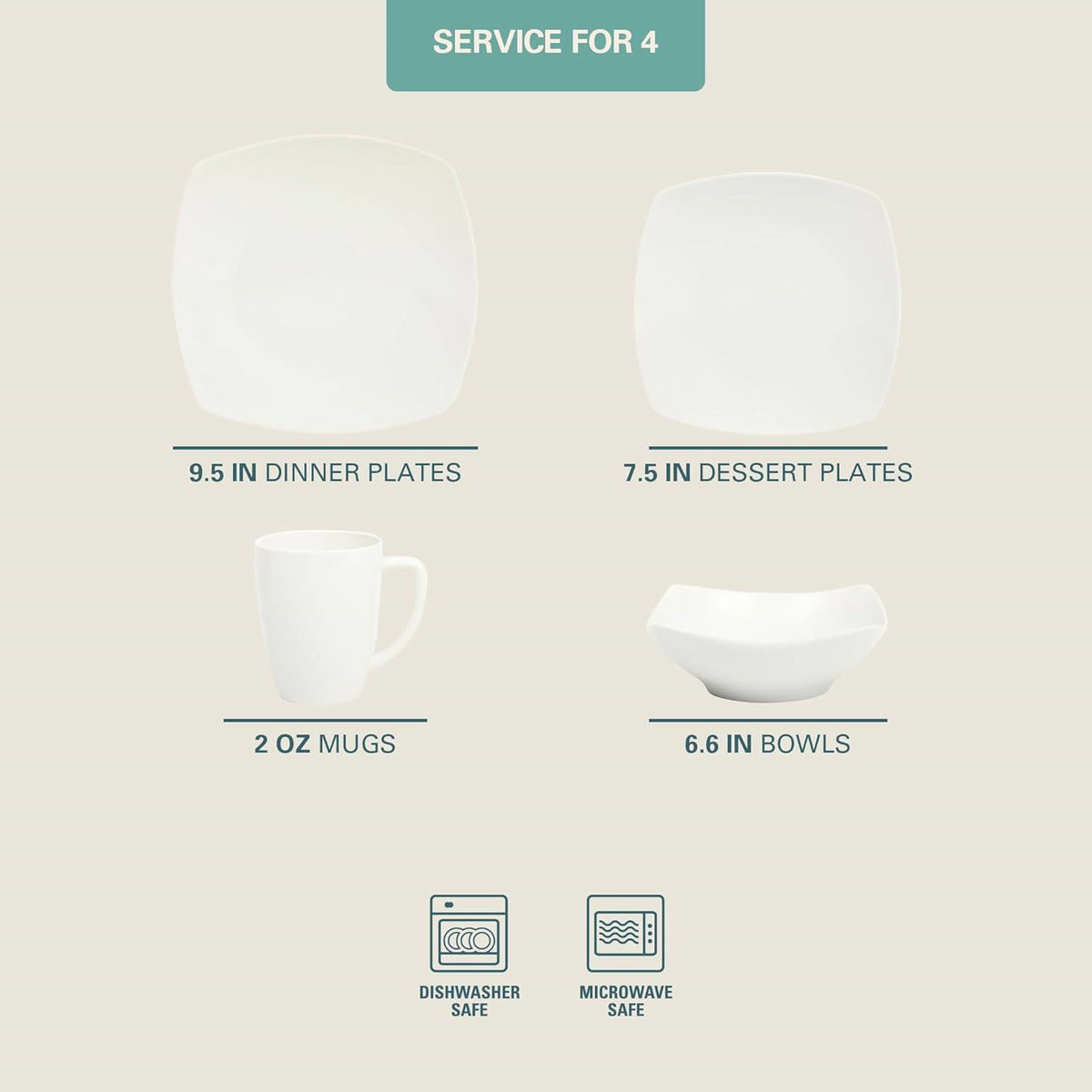 16 Pieces - White Square Porcelain Dinnerware Set - Service for 4