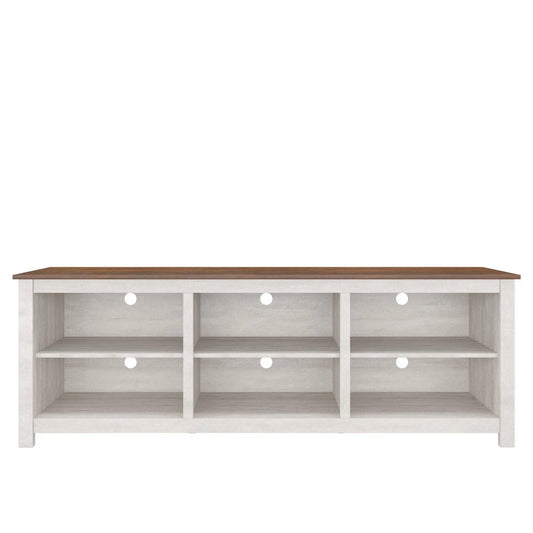 Farmhouse TV Stand in Grey Oak with Brown Wood Finish Top for TVs up to 70-inch