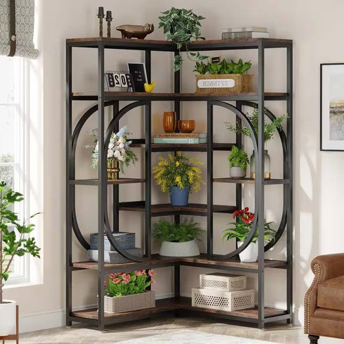 67-inch Tall Modern Industrial Metal Wood Corner Bookcase *