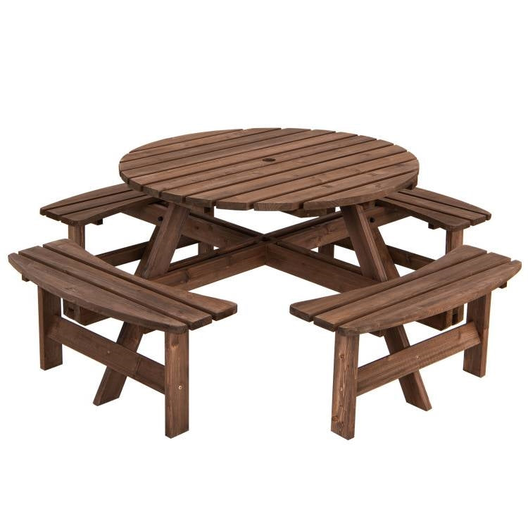 Espresso Wooden 8 Seater Picnic Table Umbrella Hole *