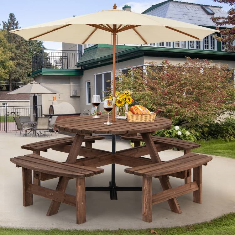 Espresso Wooden 8 Seater Picnic Table Umbrella Hole *