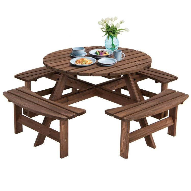 Espresso Wooden 8 Seater Picnic Table Umbrella Hole *