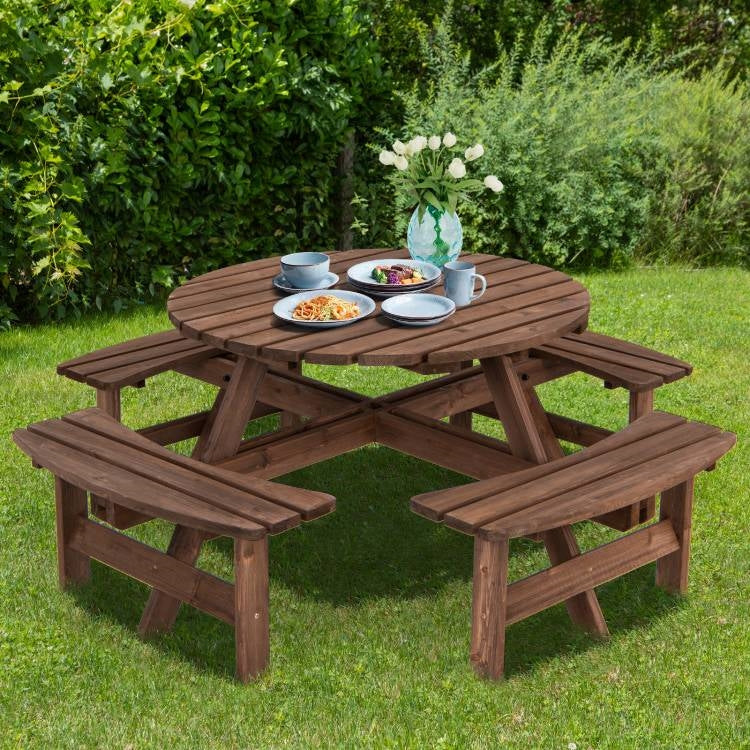 Espresso Wooden 8 Seater Picnic Table Umbrella Hole *