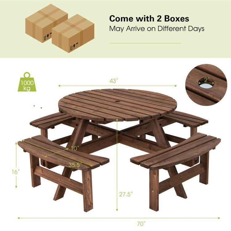Espresso Wooden 8 Seater Picnic Table Umbrella Hole *