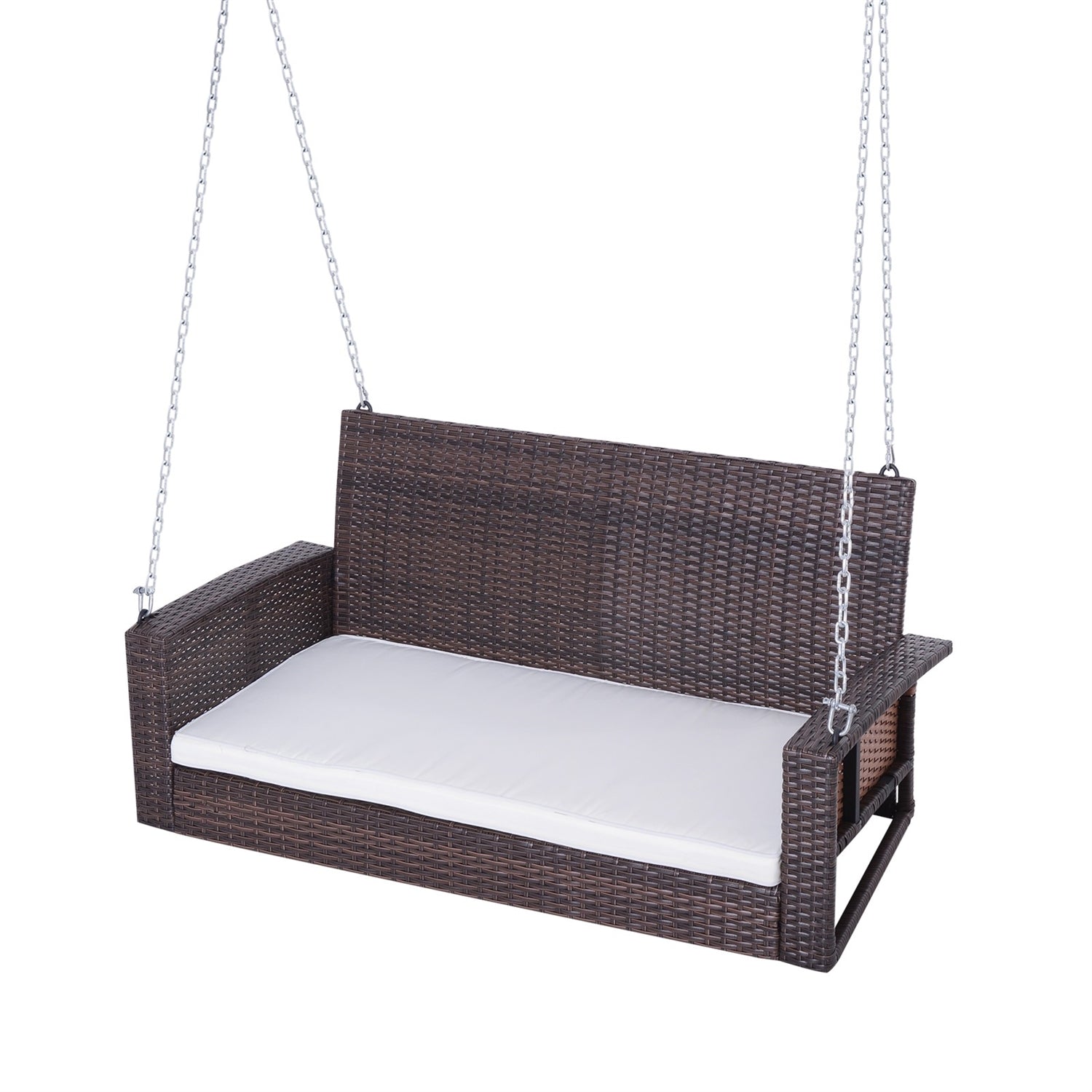 Espresso Wicker Porch Swing 7ft Hanging Chain with Cream Padded Cushion *