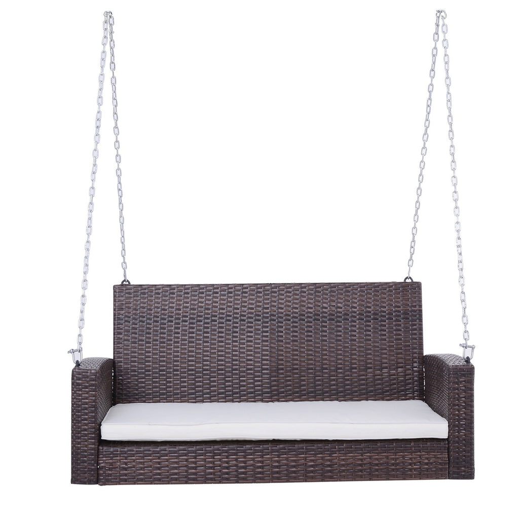 Espresso Wicker Porch Swing 7ft Hanging Chain with Cream Padded Cushion *