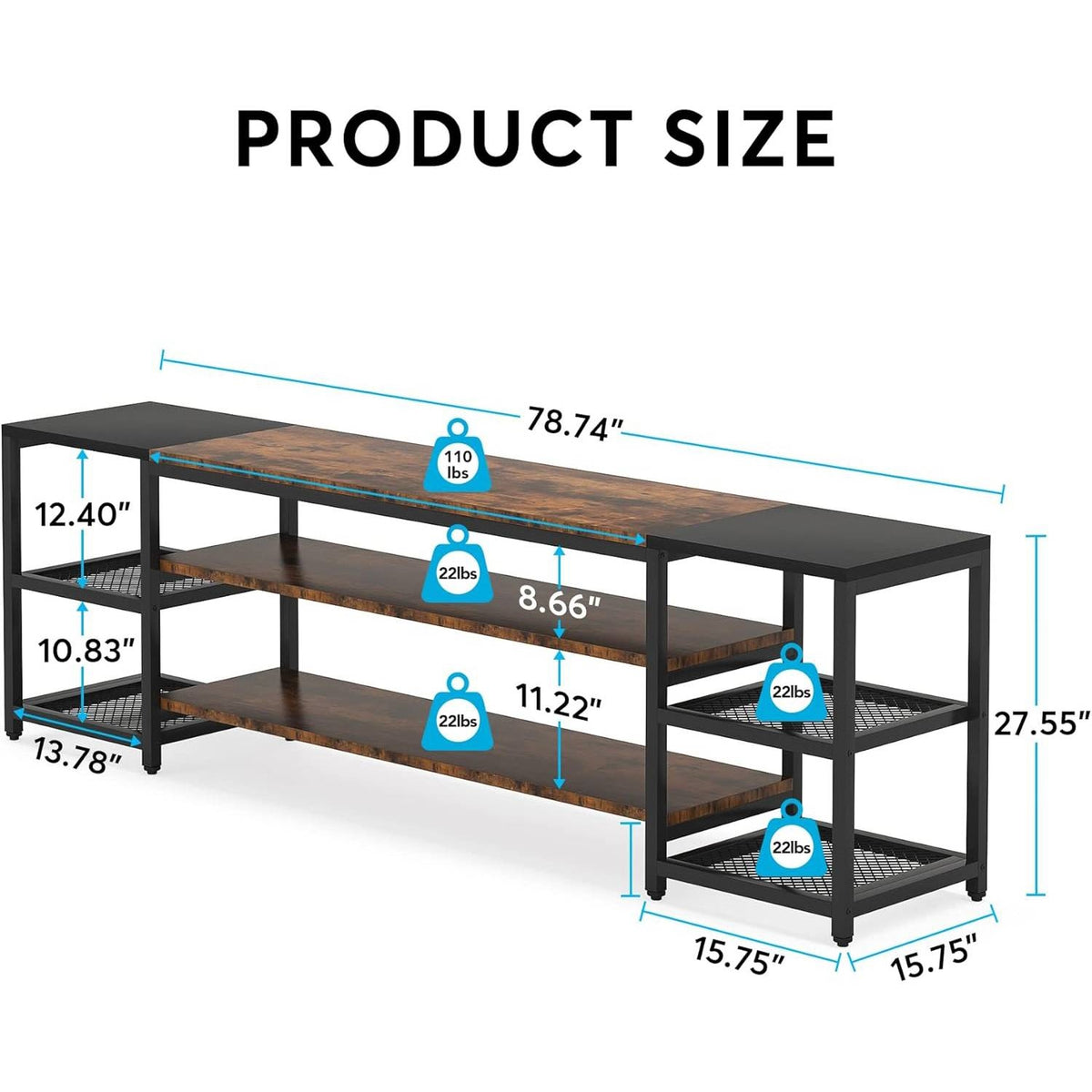 Modern Industrial Metal Wood TV Stand Entertainment Center for TV up to 85-inch