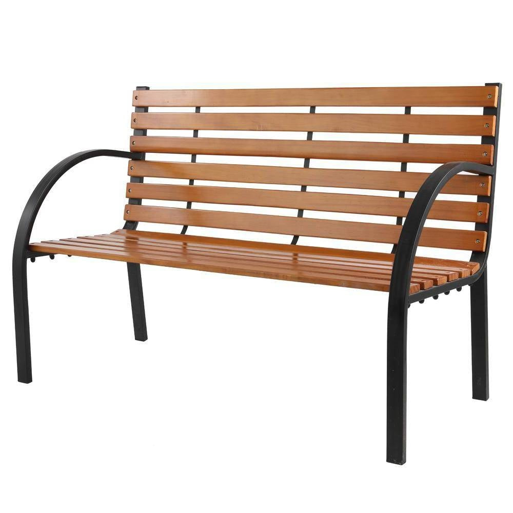 Black Metal Frame Outdoor Wood Slat Garden Bench with Curved Armrests *