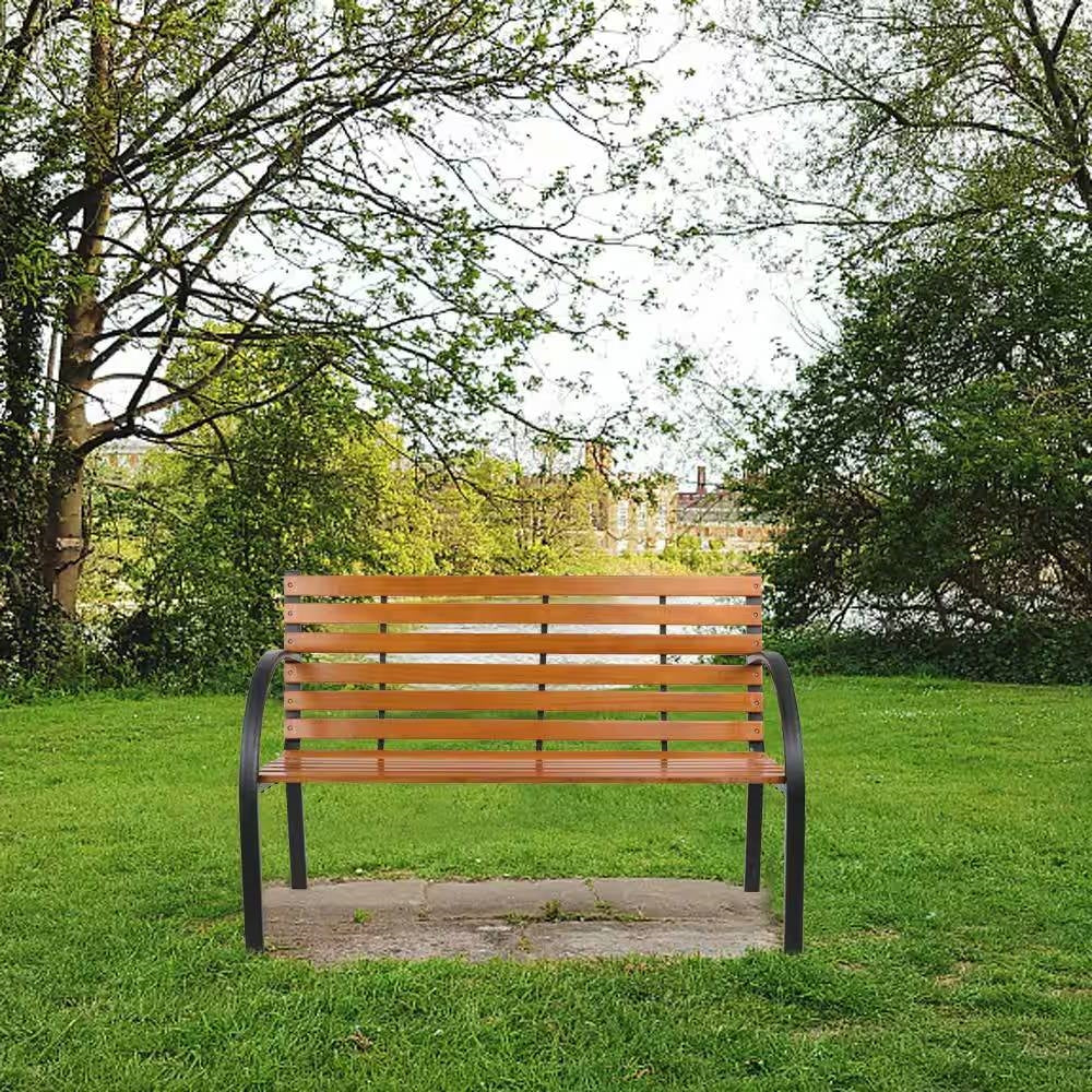 Black Metal Frame Outdoor Wood Slat Garden Bench with Curved Armrests *