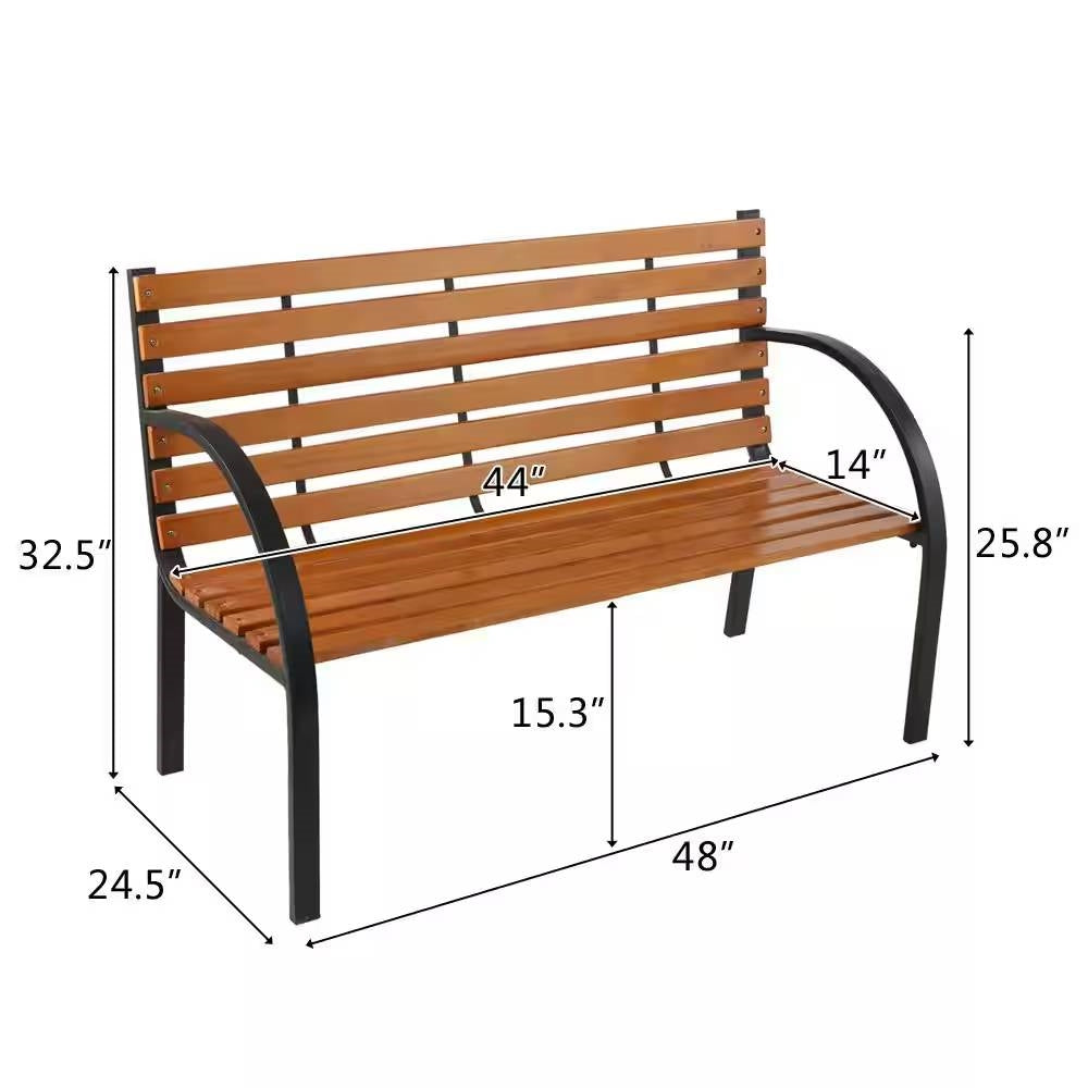 Black Metal Frame Outdoor Wood Slat Garden Bench with Curved Armrests *