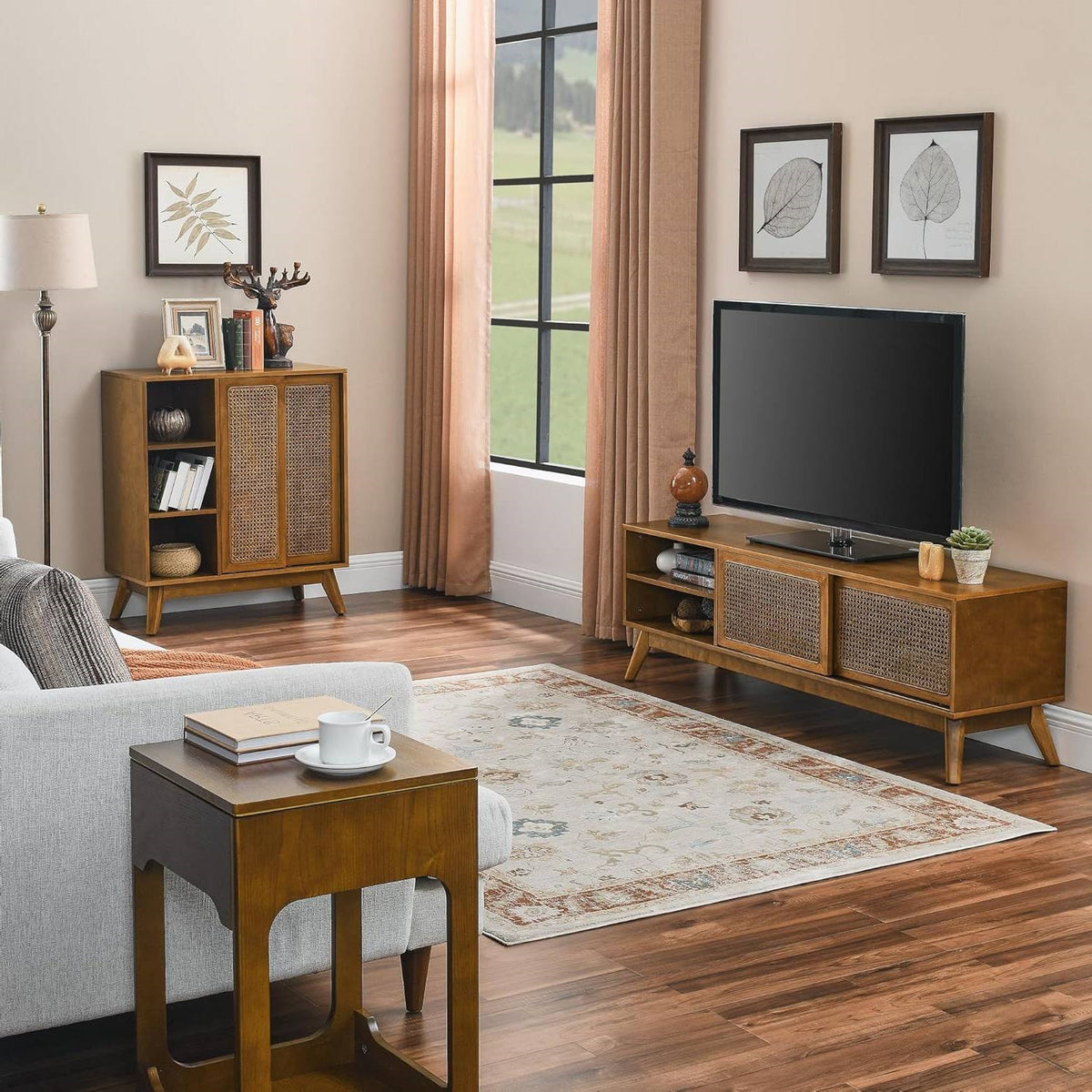 Modern Mid Century 59-inch TV Stand Entertainment Center with Sliding Doors