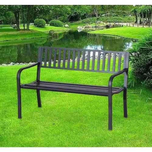 Outdoor Black Metal Garden Bench with 550 lb Max Weight Capacity *