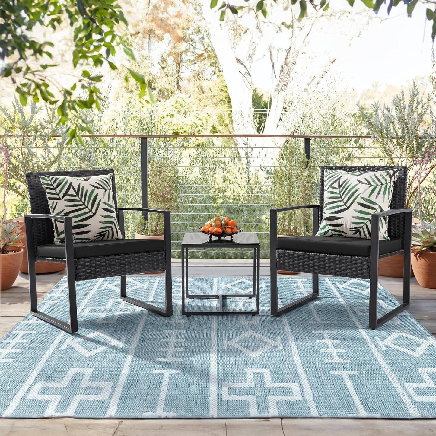 Outdoor 3-Piece Patio Furniture Set with 2 Black Patio Chairs and 1 Side Table