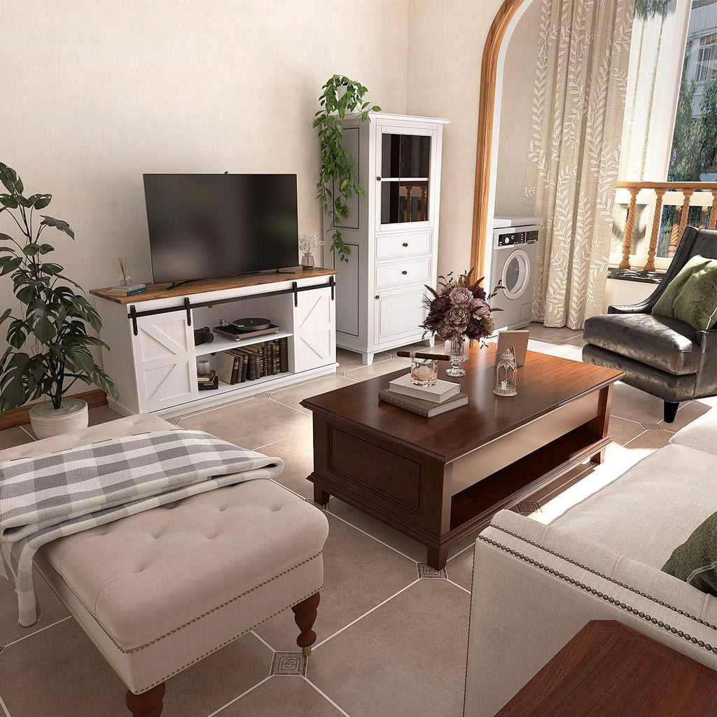 Farmhouse TV Stand in White Wood Finish with Sliding Doors for TV up to 65-inch