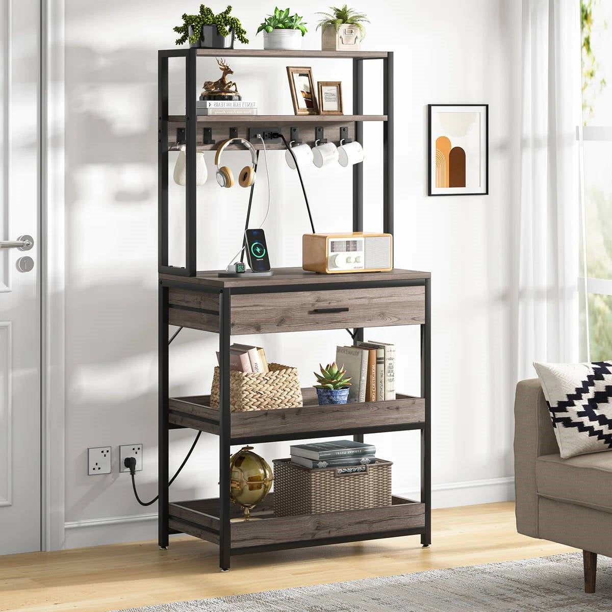 Grey Modern Baker's Rack Kitchen Shelving Unit with Pull-Out Shelves and Drawer