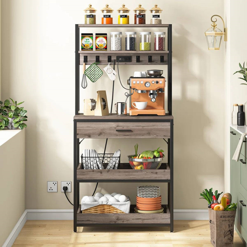 Grey Modern Baker's Rack Kitchen Shelving Unit with Pull-Out Shelves and Drawer