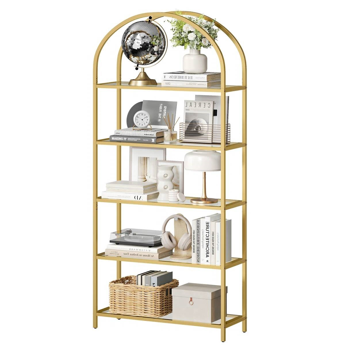 Modern Metal Arched Top Display Rack Bookcase with 5 Glass Storage Shelves