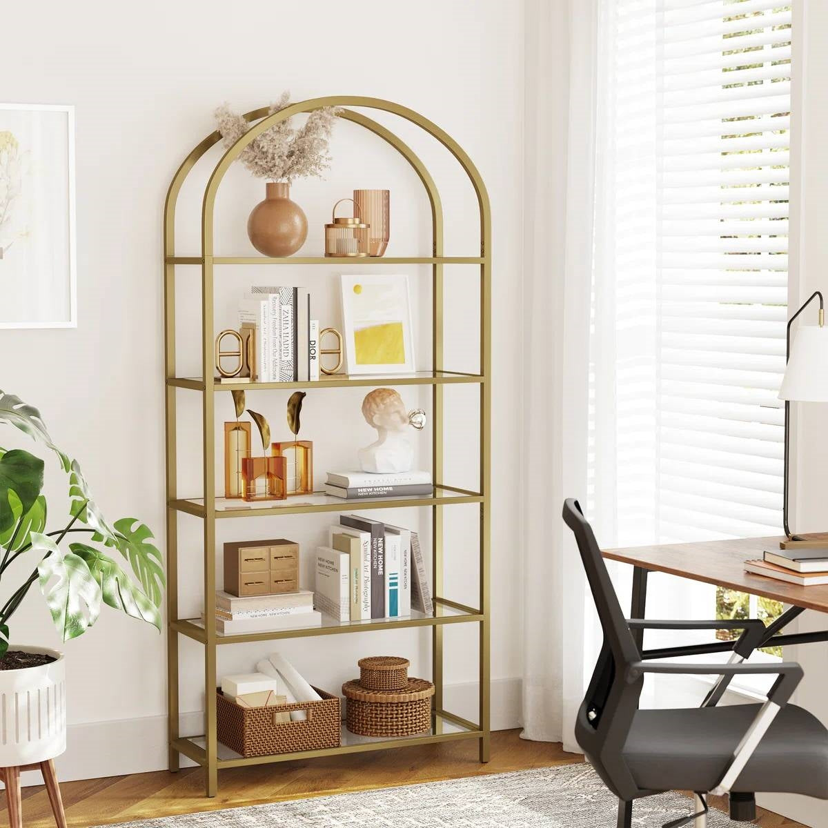 Modern Metal Arched Top Display Rack Bookcase with 5 Glass Storage Shelves