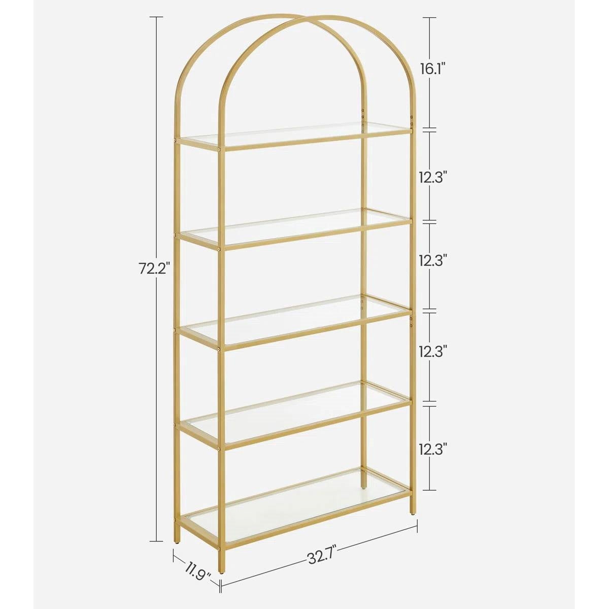 Modern Metal Arched Top Display Rack Bookcase with 5 Glass Storage Shelves