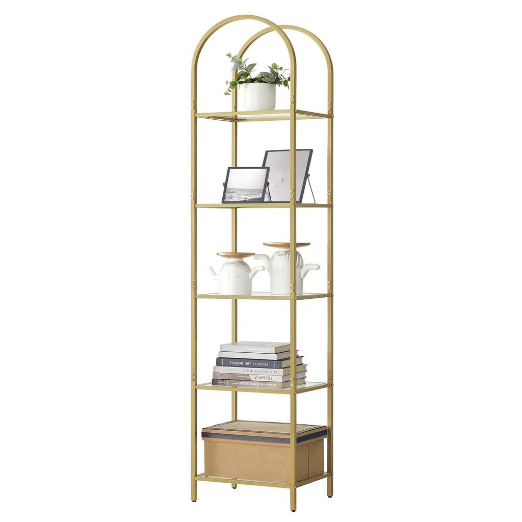 Arched Top Metal Display Rack Narrow Bookcase with 5 Glass Storage Shelves