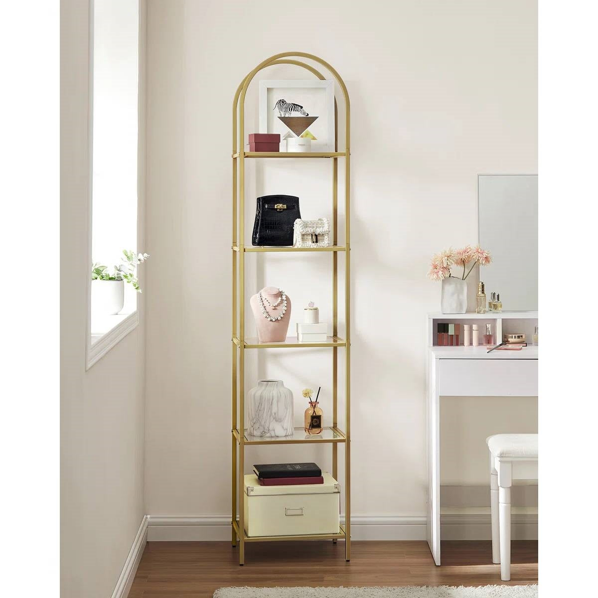 Arched Top Metal Display Rack Narrow Bookcase with 5 Glass Storage Shelves