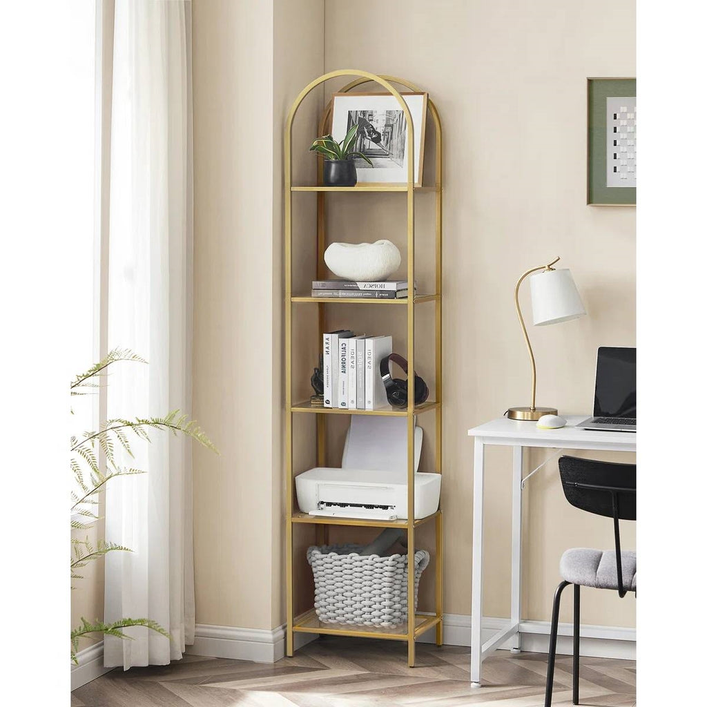 Arched Top Metal Display Rack Narrow Bookcase with 5 Glass Storage Shelves