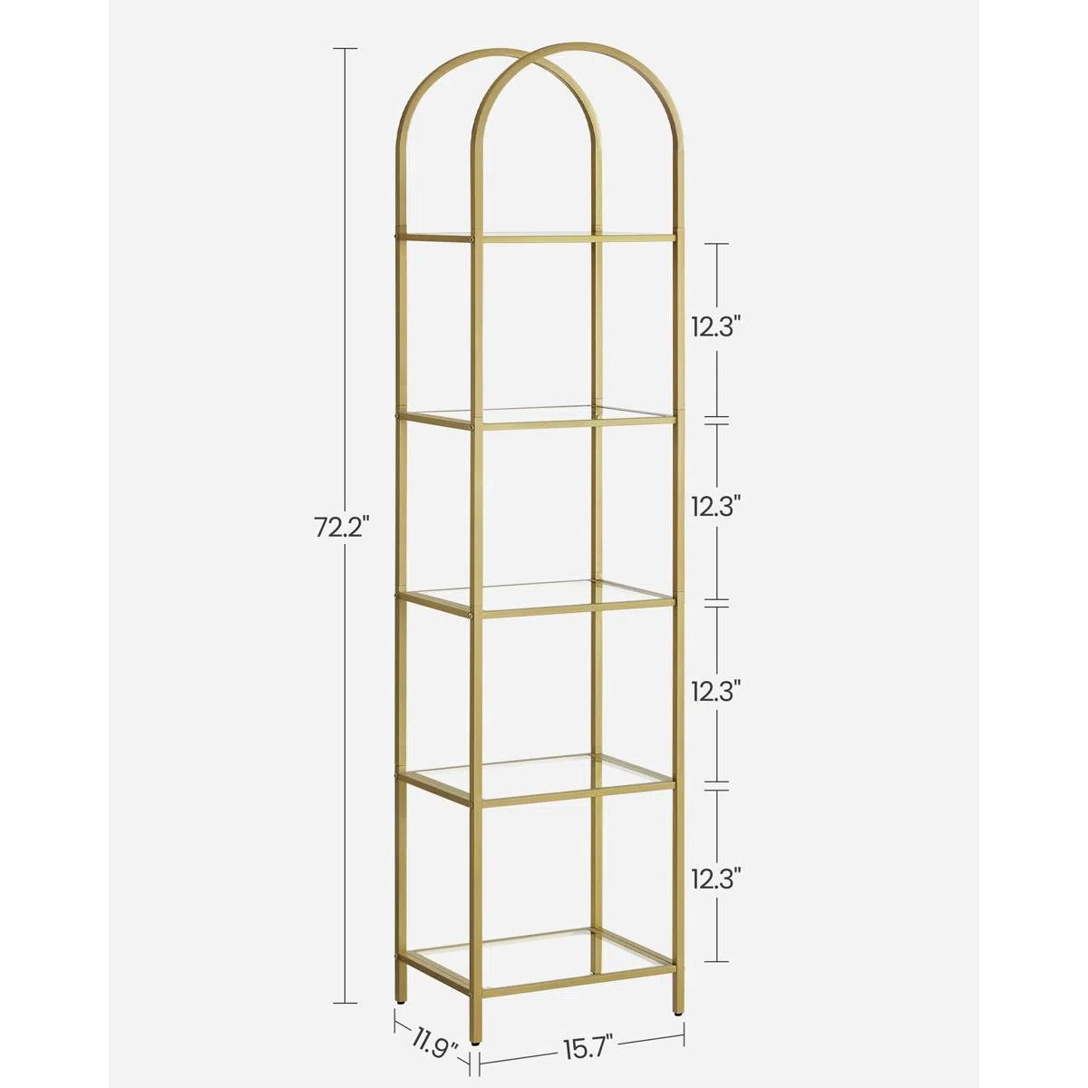 Arched Top Metal Display Rack Narrow Bookcase with 5 Glass Storage Shelves