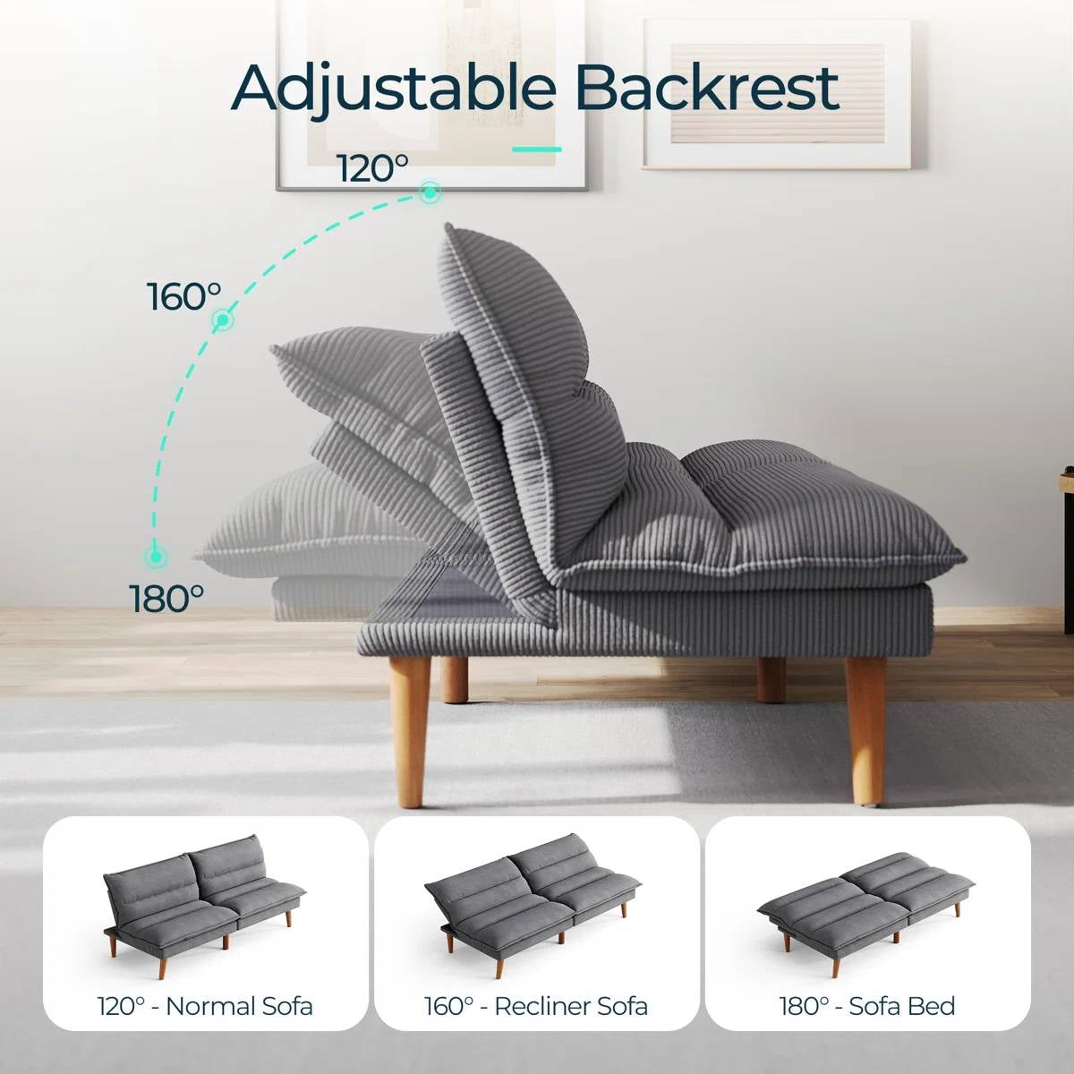 Modern Grey Corduroy Fabric Futon Sleeper Sofa Bed Couch with Wood Legs