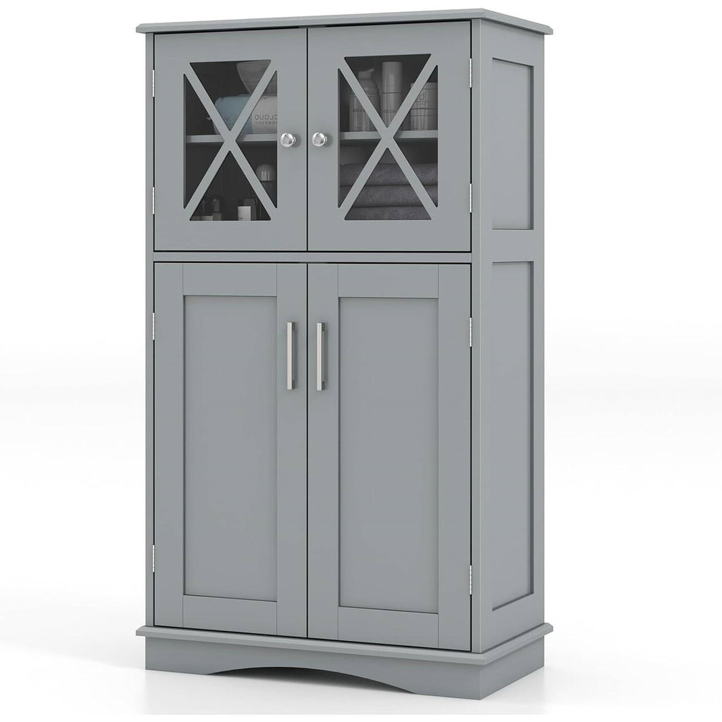Bathroom Towel Linen Cabinet with Glass Doors and Storage Shelves