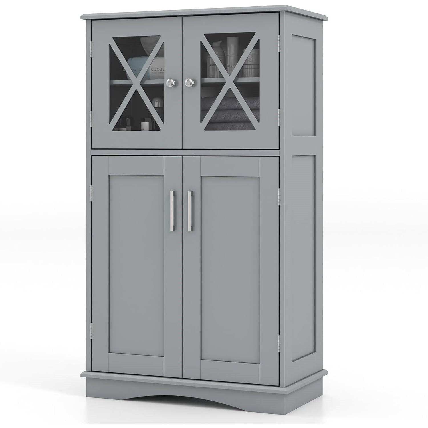 Bathroom Towel Linen Cabinet with Glass Doors and Storage Shelves